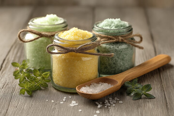 Spa concept with homemade aromatic sea salt, wellness and relaxation