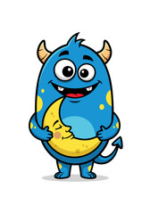 Obraz premium A cute blue cartoon monster with horns and a tail is hugging a smiling yellow crescent moon. Vector illustration on a white background, perfect for children's designs and playful graphics