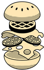 Retro Style Exploded View of a Deconstructed Burger with a Transparent Background an Isolated Food Illustration of Classic American Fast Food