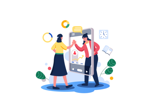 Remote Teamwork with Mobile Phone and Animated People Celebrating Success Flat Vector Illustration Communication Work Exchange Concept