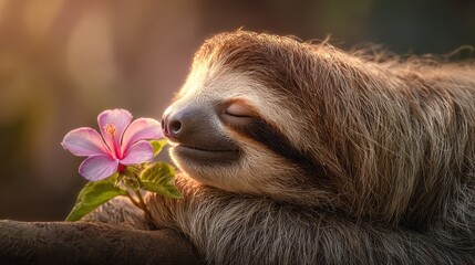 Fototapeta premium Serene Sloth Savoring the Sweet Scent of a Pink Hibiscus Flower in Golden Sunlight