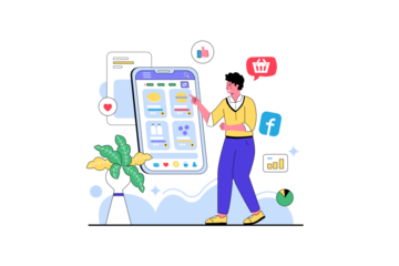 Sales Interface Construction Flat Vector with Figure Examining Mobile Screen Layout on Cloud Background with Geometric Style Chart Elements and Potted Plant