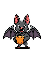 A cartoon vector illustration of a bat mascot holding a pumpkin. The bat has spread wings and a pink nose, set against a white background, in a simple graphic style