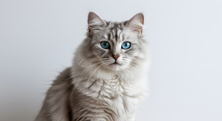 Obraz premium Sapphire-Eyed Grace: Captivating portrait of a long-haired cat with stunning blue eyes. The feline gazes intently, captivating the viewer with its striking beauty and elegance.