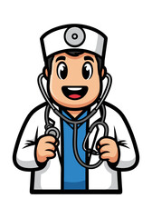 Obraz premium A cartoon illustration of a doctor mascot wearing a white uniform with a stethoscope around his neck, set against a clean white backdrop. The cartoon style gives it a friendly and approachable feel
