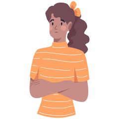 Thoughtful Woman with Arms Crossed in Orange Striped Top and Brown Hair with Yellow Bow Against Transparent Background