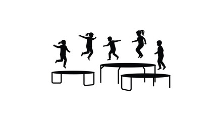 Joyful children in silhouette leaping high on trampolines outdoors enjoying active playtime and healthy fun recreation.
