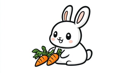 Obraz premium Cute cartoon bunny holding carrots, white background, children's book illustration