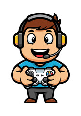 Fototapeta premium Cartoon style gamer mascot vector featuring a happy boy with brown hair and yellow headphones. He's holding a game controller and smiling on a clean white background