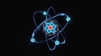 3D rendering of an atom model with orbiting electrons and glowing nucleus on a black background, symbolizing atomic structure, nuclear energy, physics, and the foundation of scientific research.