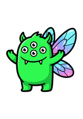 Fototapeta premium A cartoon illustration of a green monster character with three eyes and colorful butterfly wings. The vector mascot stands on a white background, designed with a cute and playful style