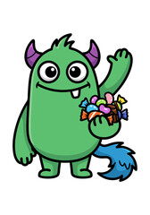 Fototapeta premium Cute cartoon green monster mascot illustration. The character has purple horns, a blue tail, and is holding a pile of colorful candy. Vector art on a clean white background