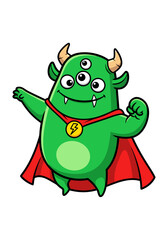 Obraz premium Cartoon vector mascot illustration of a cute green monster with three eyes, red cape and yellow horns standing on a white background