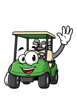 A cheerful green cartoon golf cart mascot waving with a big smile and oversized eyes. It carries golf clubs and features a playful, animated design suitable for kids and adults