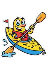 A cheerful cartoon kayaker paddling vigorously in a yellow and blue kayak. The character wears a red life vest and holds a paddle, set against a clean white background in this vibrant vector