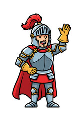 Naklejka premium Cartoon knight mascot character with silver armor, a red cape and yellow gloves. He is wearing a helmet with a red plume and waving his hand, showcased against a white background