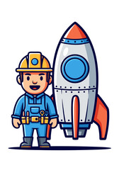 A cute cartoon vector illustration of a man in blue overalls and a yellow hard hat standing next to a silver rocket with red fins on a clean white background. The vector art is perfect for industrial