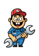 Obraz premium Cartoon illustration of a mechanic character smiling and holding a wrench, wearing blue overalls and a red hat, set against a clean white background in a vector style
