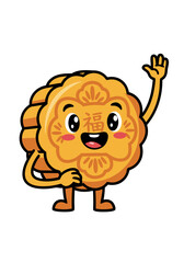 Obraz premium Adorable cartoon mooncake mascot waving its hand. The vector illustration features a smiling dessert character perfect for Mid Autumn Festival designs isolated on white background
