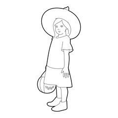 Cute Girl in Witch Costume for Halloween – Coloring Vector