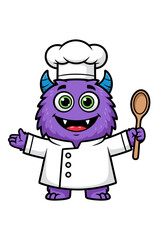 A cute cartoon illustration of a purple monster dressed as a chef. It features a white chef hat, chef coat, and is holding a wooden spoon on a clean white background