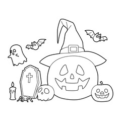 Halloween Pumpkin Lantern and Ghosts – Outline Coloring Vector