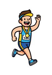 A cartoon illustration of a runner with gold medal on a white background wearing blue and yellow sport gear, showcasing athleticism and determination