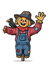 Obraz premium A cheerful cartoon scarecrow with a black crow perched on its shoulder. The scarecrow wears a red plaid shirt, blue overalls with patches, and a rustic hat. Isolated on a white background, it is a
