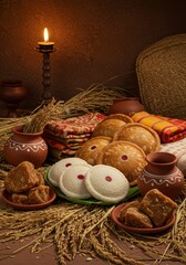 Traditional Indian Harvest Festival Sweets Pitha And Jaggery With Paddy And Clay Pots For Makar Sankranti Celebration