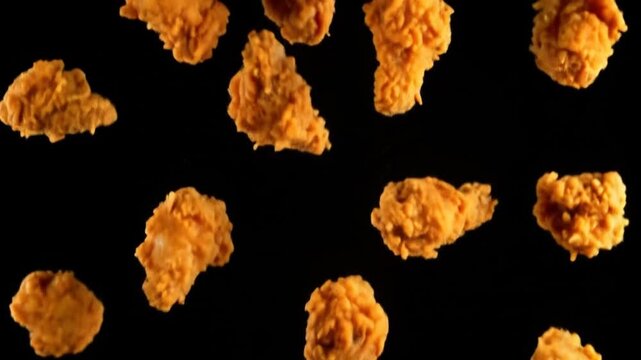 Fried Chicken Pieces Falling on Black.