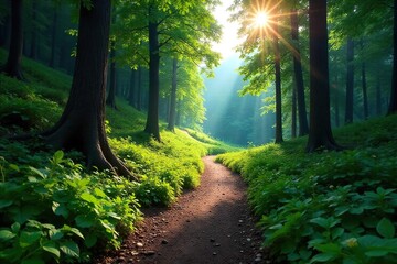 Winding Mountain Hiking Trail Disappearing into Lush Forest Sunlight Dappling Path An Adventurous Nature Escape