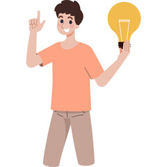 Enthusiastic Young Man Holding Lightbulb with Transparent Background