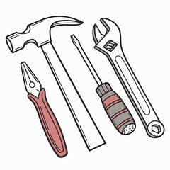 A collection of hand drawn tools including a hammer pliers screwdriver and adjustable wrench on a white background