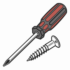A detailed illustration of a phillips head screwdriver and a single wood screw on a white background