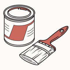 A simple illustration of a red handled paint brush next to a can of paint with a red label