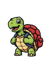 Naklejka premium Colorful vector illustration of a cute cartoon turtle mascot with a red backpack against a clean white background. Ideal for educational or playful designs