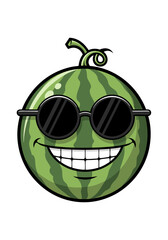 Naklejka premium A cartoon vector illustration features a watermelon mascot with sunglasses and a grinning expression. The design includes pixel art style, summer vibes, and is isolated on a white background