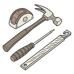 Collection of essential hand tools including a hammer tape measure screwdriver and file on a white background