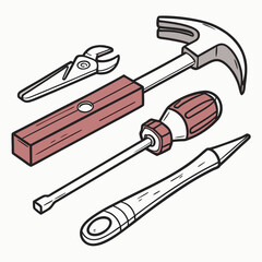 Collection of hand tools including a hammer screwdriver pliers and chisel on a white background