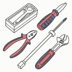 Collection of various hand tools including pliers screwdrivers a wrench and a socket wrench set