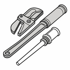 Illustration of a pipe wrench and a plumbing fitting isolated on a white background for design