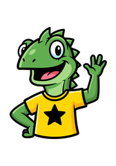 Obraz premium A cartoon style vector illustration featuring a friendly green lizard mascot. The lizard is waving its hand, wearing a yellow T-shirt with a black star, set against a clean white background