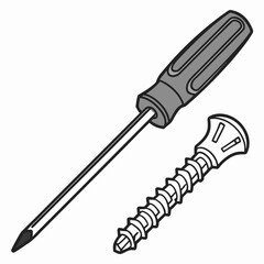 A simple line art illustration of a gray handled screwdriver next to a single wood screw on a white background