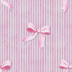 Watercolor seamless background of vertical pink stripes with soft pastel tone with bow