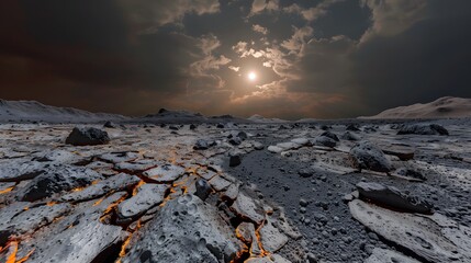 A haunting, high-contrast vision of a Venusian or alien landscape with a cracked, volcanic rock surface showing glowing lava beneath.