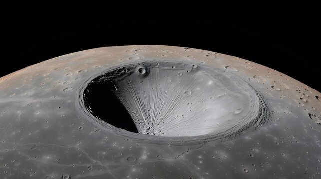 Realistic simulation of a large, deep impact crater on the polar region of Mercury, featuring permanently shadowed areas and radial patterns. - Powered by Adobe