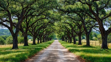 Fototapeta premium Oak trees lining serene road in painting concept. Serene tree-lined path inviting peaceful outdoor exploration.