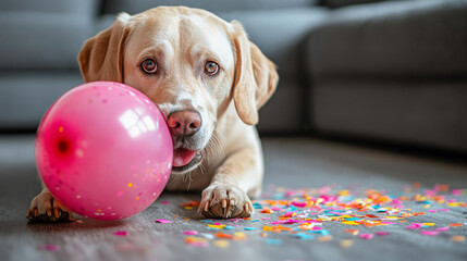 This adorable photo of a yellow Lab with a pink balloon and confetti is perfect for websites or blogs about birthdays, celebrations, parties, pets, dogs, or training.

