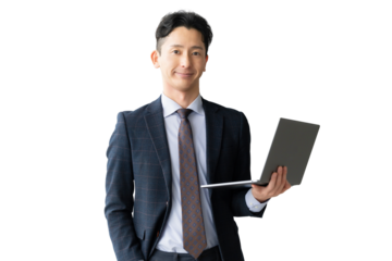 ノートパソコンを持つ男性ビジネスマン（背景透過PNG）