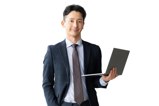 Fototapeta ノートパソコンを持つ男性ビジネスマン（背景透過PNG）